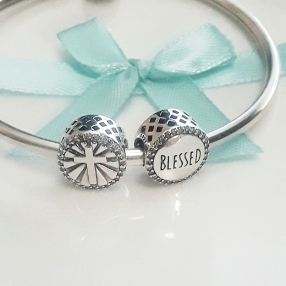 925 Sterling Silver BLESSED/ CROSS bracelet charm FITS Pandora,Easter gift